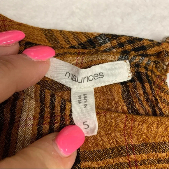 Maurice’s brown plaid baby doll style size small top long sleeve ties on sleeves - Picture 6 of 9
